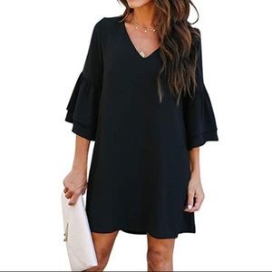 BELONGSCI Black Tunic Dress V-Neck Bell Sleeve S